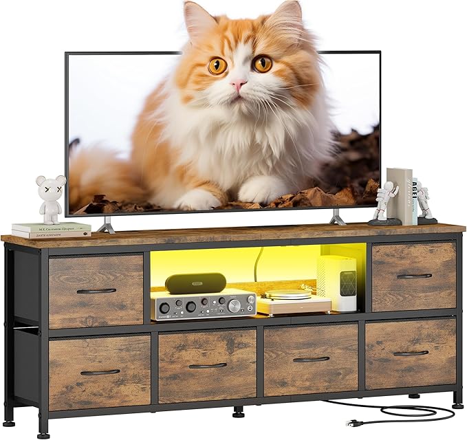 Lulive TV Stand for Living Room, LED Rustic Brown Dresser for Bedroom with 6 Fabric Drawers,43 55 60in TV Stand with Power Outlet, Entertainment Center with Open Shelf