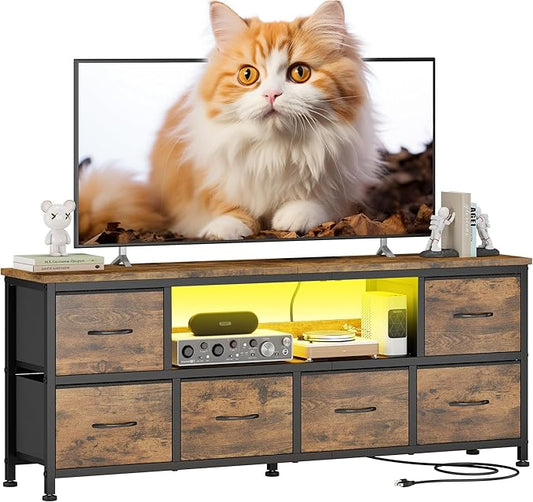 Lulive TV Stand for Living Room, LED Rustic Brown Dresser for Bedroom with 6 Fabric Drawers,43 55 60in TV Stand with Power Outlet, Entertainment Center with Open Shelf