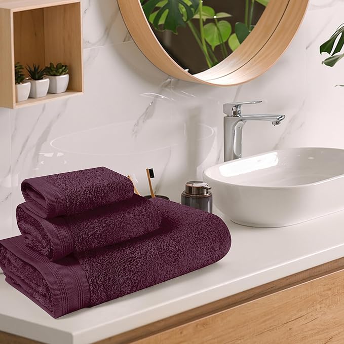 Ultra Soft 3 Pack Cotton Towel Set, Contains a Bath Towels 28x55 inch, a Hand Towels 16x24 inch & a Wash Coths 12x12 inch, Ideal Everyday use, Compact & Lightweight - Burgundy, Medium
