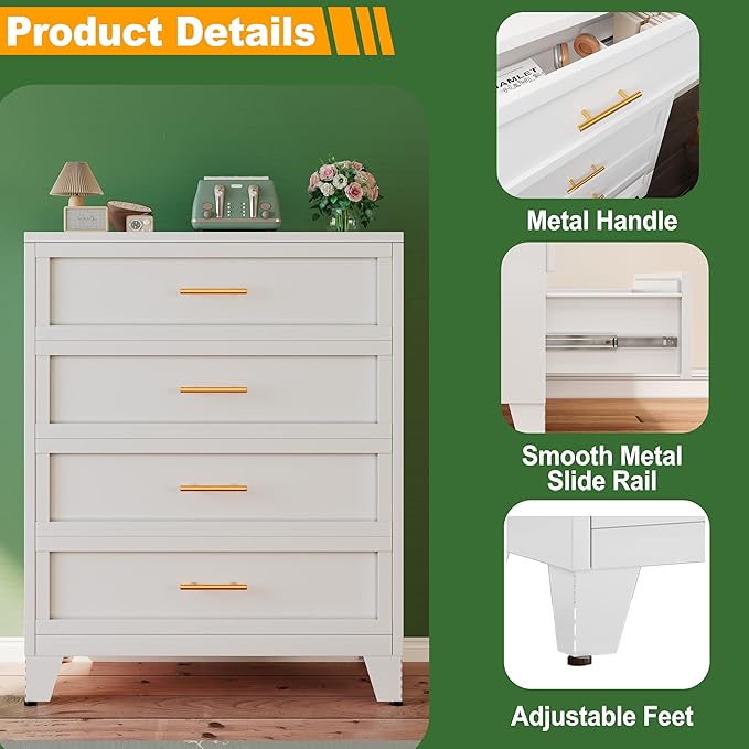 Metal Dresser Tall White Dresser for Bedroom Chest,43.11" H Drawer Chest, Closet Dressers & Chests of Drawers for Living Room, Hallway (4 Drawers)
