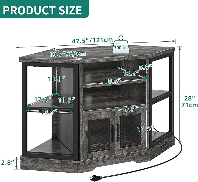 YITAHOME Farmhouse TV Stand with Power Outlet, Corner TV Stand for 55/50 Inch TV, Entertainment Center with Storage, TV Console Cabinet for Living Room, Grey Oak