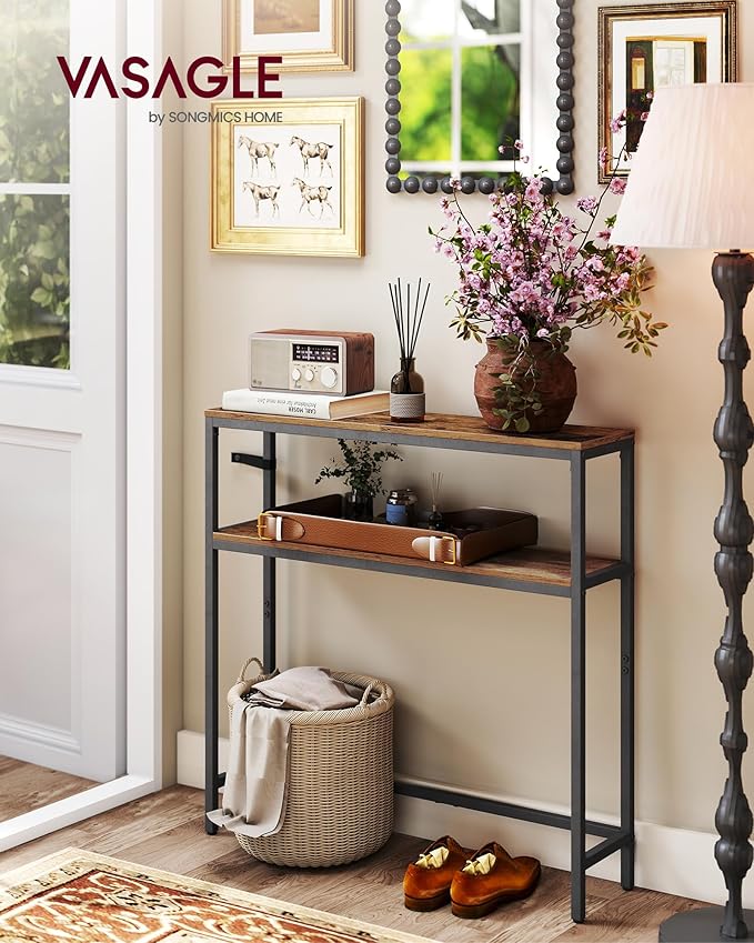 VASAGLE Console Table, 2-Tier Narrow Sofa Table with 2 Shelves, 7.9 x 31.5 x 31.5 Inches, for Living Room, Hallway, Entryway, Rustic Brown and Ink Black ULNT130K01V1