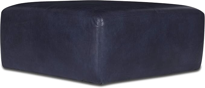 Poly & Bark Sequoia Ottoman – 35” Square Pouf with Feather-Down Topper – Full-Grain Leather Upholstered Pouf Ottoman for Living Room – Italian Leather in Midnight Blue