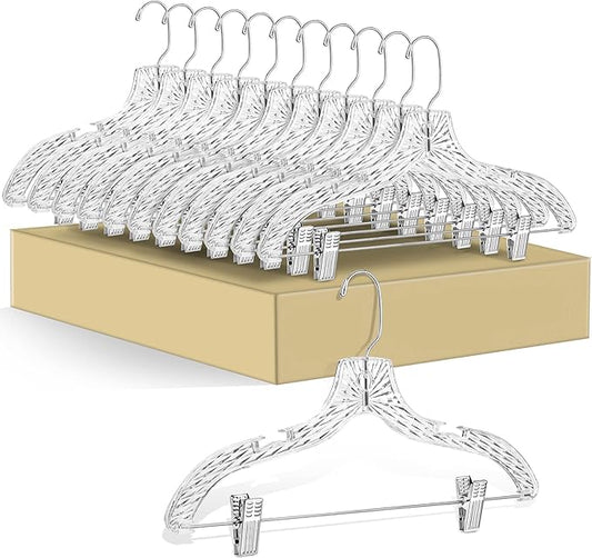 Quality Clear Plastic Skirt Hangers - 12 Pack Crystal Cut for Skirt, Pant, Dress, Suit, Coat Hangers Heavy Duty & Nonslip Design Asujtable Clips, Swival Hook, 17" inch (12, Crystal Skirt)