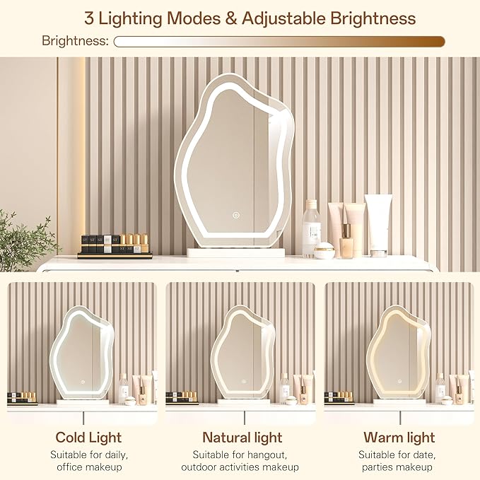 Vanity Desk with Mirror and LED Lights| Small Makeup Table with 5 Drawers and Adjustable Storage Cabinet| Modern Space-Saving Dressing Table for Bedroom(White)