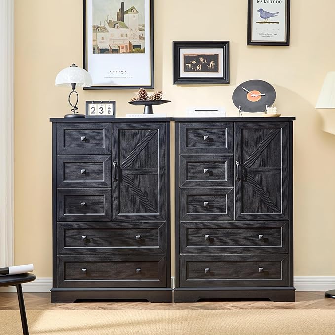 LIDYUK 5 Drawer Black Dresser for Bedroom Farmhouse Dresser Chest of Drawers, 48" Tall Clothes Organizer with Storage Cabinet Wood Chest of Drawers for Bedroom, Living Room