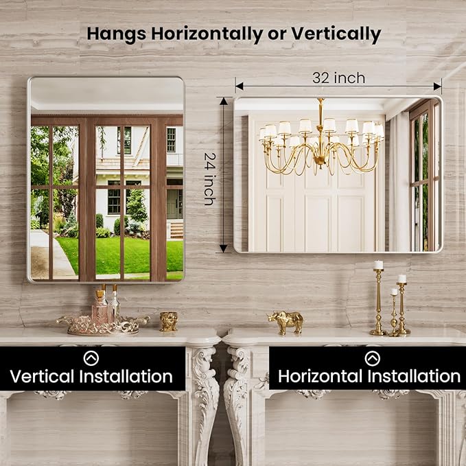 Brushed Nickel Bathroom Mirror 24x32 Inch, Brushed Silver Metal Frame Mirror Wall Mounted, Rounded Rectangle Bathroom Vanity Mirror, Tempered Glass, Anti-Rust, Horizontal/Vertical