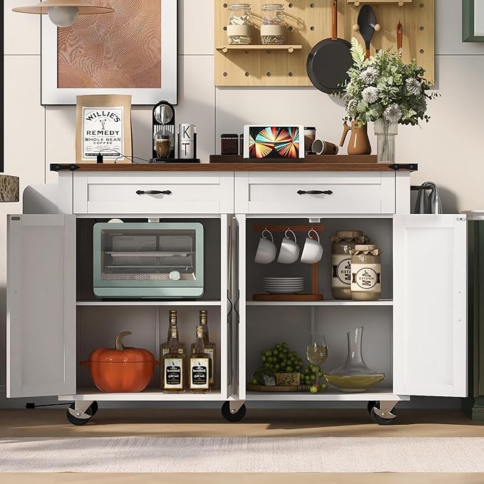 Merax 53.5" Kitchen Cart Island on Wheels with Power Outlet,Drop Leaf,Spice Rack,Farmhouse Wood Frame Storage Cabinet for Dining Room