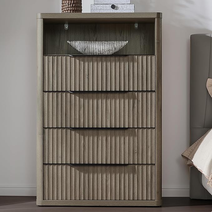 SICOTAS Dresser for Bedroom - Tall Dressers & Chests of Drawers with 4 Drawers Large Modern Dresser for Closet Fluted Wide TV Stand Clothes Closet Storage for Bedroom Hallway Entryway, Grey Alder