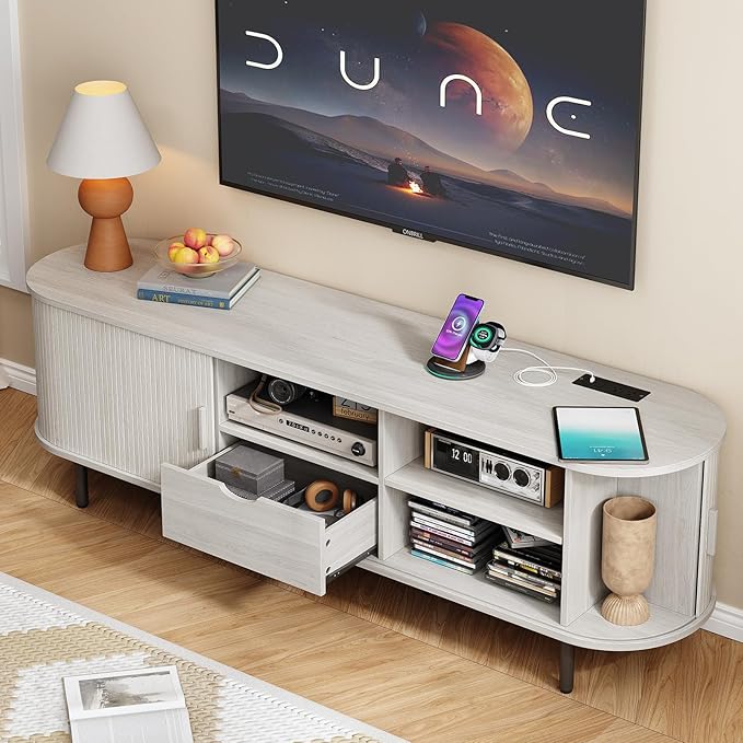 69" TV Stand with Power Outlet for TVs up to 80", Entertainment Center with Storage and Drawer, TV Console with Adjustable Shelves and Sliding Door, TV Stand for Living Room, Natural White