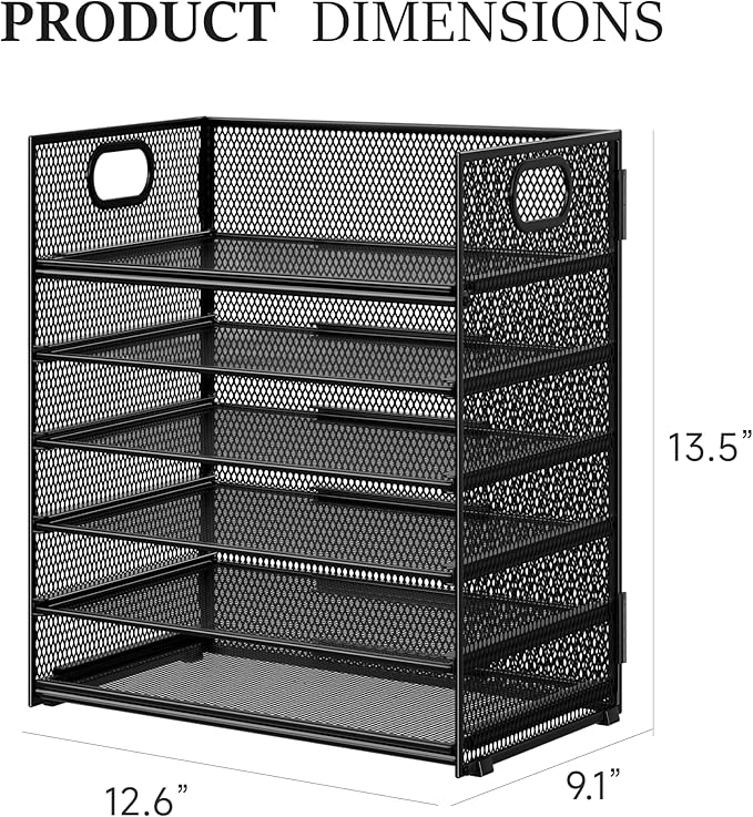 Subekyu 2-Pack 6-Tier Paper Tray Organizer for Desk - Black Mesh File Folder Sorter with Handles, Desk Letter Holder for Office, Home, School Supplies Storage & Organization