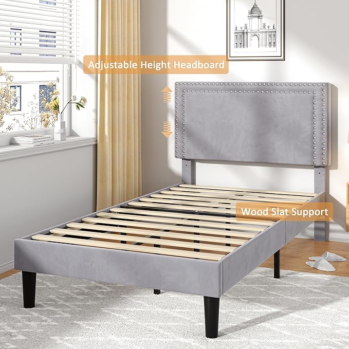 VECELO Twin Size Platform Bed Frame with Adjustable Upholstered Headboard, Strong Wood Slat Support, No Box Spring Needed, Easy Assembly