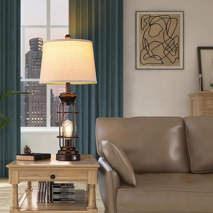 Table Lamps for Living Room Set of 2, 28.5" Farmhouse Lamps for Nightstand with USB C+A Ports, Touch Lamps for Bedroom, LED Bulbs Included