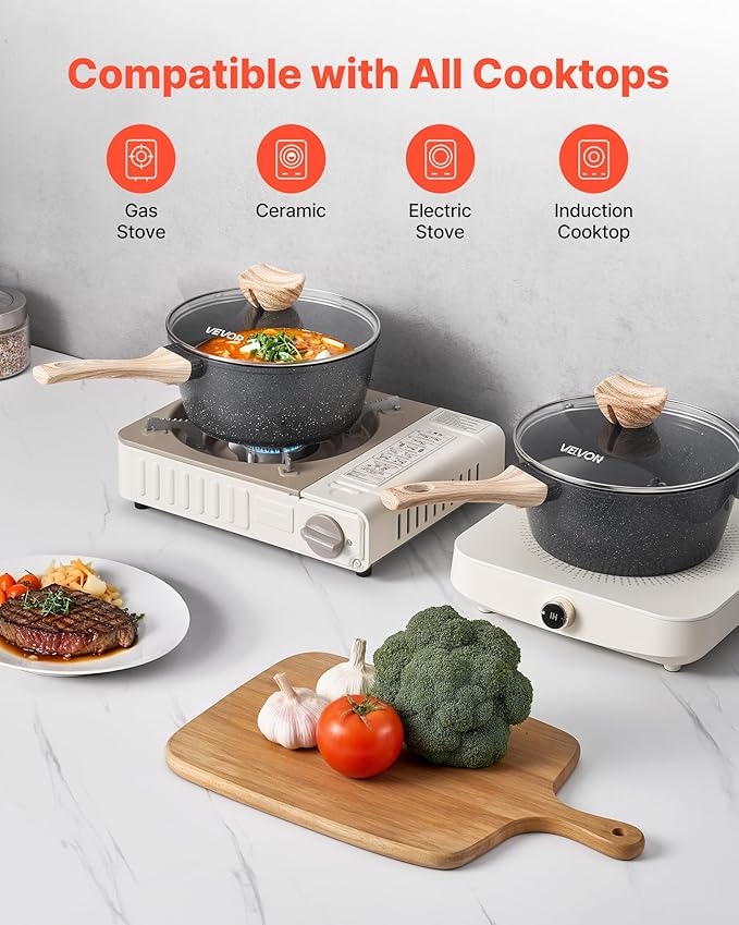 VEVOR 2.5 QT Saucepan, Nonstick Saucepan with Tempered Glass Lid, Multipurpose Cooking Sauce Pot with Detachable Handle, Sauce Pan Small Kitchen Cooking Pot with Coating, Induction Compatible, Black
