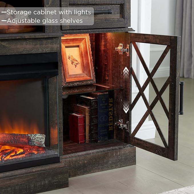 OKD 70'' TV Stand with 36'' Electric Fireplace, Media Entertainment Center for TVs Up to 80'', Modern Farmhouse 3-Sided Glass TV Stand with 3 Color Lights & 5 Flame Speeds, Dark Rustic Oak