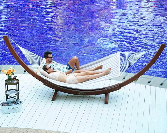Lazy Daze Hammocks Quick Dry Hammock with Spreader Bar Textliene Fabric Double Outside Hammock with Chains Outdoor Patio Poolside Backyard Beach 450 lbs Capacity, Beige White Stripes