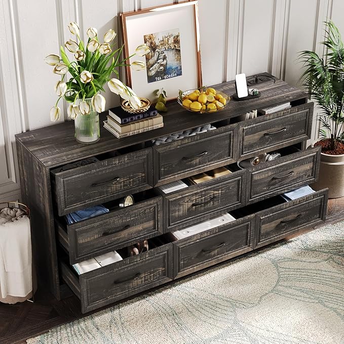 Fameill Dresser for Bedroom, 9 Drawer Wide Dresser Organizer with Charging Station, TV Stand for Livingroom, Chest of Drawers with Metal Handles, Dark Brown