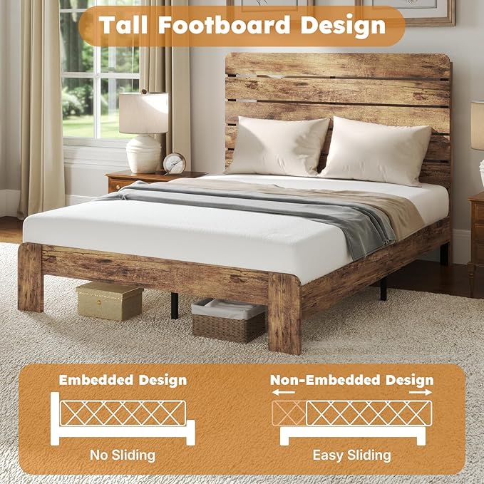 Full Size Bed Frame, Full Heavy Duty Bed Frame, Platform Bed Frame with Wood Headboard & Footboard, Noise Free, No Box Spring Needed, Brown