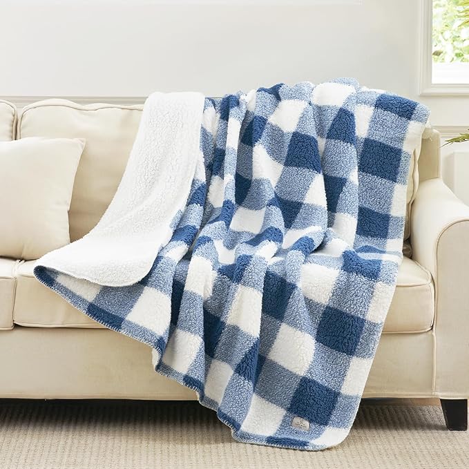 Cozy Bliss Ultra Soft Reversible Double Sherpa Sided Blanket, Buffalo Plaid Throw Blanket Fluffy Thick Warm Plush Fuzzy Blanket for Couch, Bed and Gifts (Navy Blue, 50" x 60")