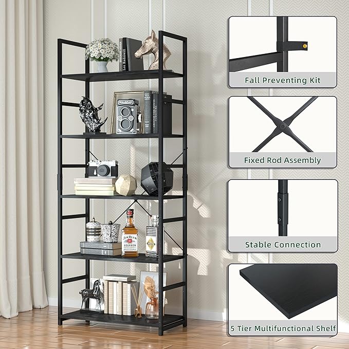 OTK 5 Tier Bookshelf, Tall Bookcase, Office Shelf Storage Organizer, Modern Book Shelf for Living Room, Bedroom, and Home Office, Black