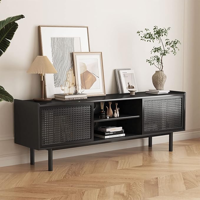 ORRD TV Stand for TVs Up to 70 Inch, Accent Iron Rattan Storage Cabinet Television Stands Entertainment Media Center Console Table with Sliding Barn Door and Adjustable Shelves for Living Room