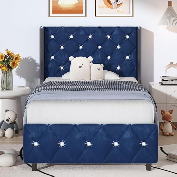 HOMBCK Twin Bed Frames, Upholstered Platform Bed with Diamond Tufted Headboard, Modern Velvet Bed Frame with Wingback Design, No Box Spring Needed, Easy Assembly, Blue