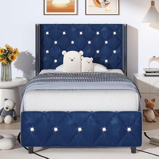 HOMBCK Twin Bed Frames, Upholstered Platform Bed with Diamond Tufted Headboard, Modern Velvet Bed Frame with Wingback Design, No Box Spring Needed, Easy Assembly, Blue