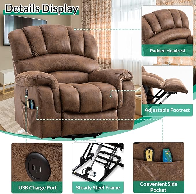 VIVIJASON Large Power Lift Chair Electric Recliner with Heat & Massage for Elderly Big People, Heavy Duty and Safety Motion Wide Recliners with 2 Remote Controls, Side Pockets & USB Ports, Brown