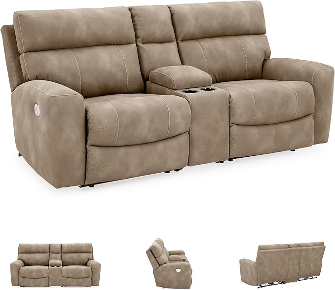 Signature Design by Ashley Next-Gen DuraPella Contemporary Faux Leather Modular Wall Hugger 3-Piece Power Reclining Sectional Loveseat with Console, Adjustable Headrest and USB Ports, Light Brown