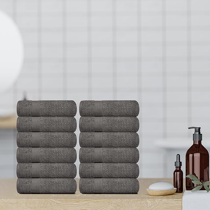 White Classic Resort Collection Soft Washcloth Face & Body Towel Set | 12x12 Luxury Hotel Plush & Absorbent Cotton Washclothes [12 Pack, Charcoal]