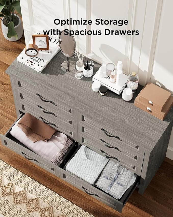Pipishell Grey 8 Drawers Dresser for Bedroom, 47" Wide Wood Rustic Chest of Drawers with Bar Handles, Farmhouse Storage Dressers Organizer for Bedroom, Living Room, Hallway, Grey