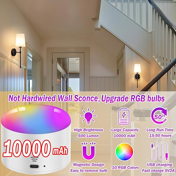 Battery Operated Wall Sconce Light with Remote Control, Dimmable Wall Sconce Set of 2 with White Fabric Shade, Indoor Wireless Battery Operated Wall Lamp Light For Bedroom Living Room, Bulb Included (