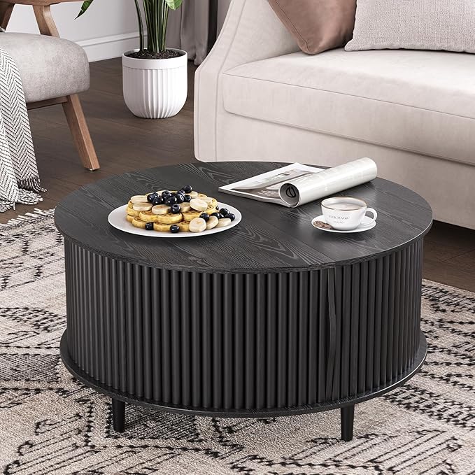 Round Coffee Table with Storage,31.5" Mid Century Modern Coffee Table with Hidden Compartment,Fluted Center Table for Living Room,Home Small Space,Black