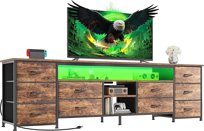 Huuger 70.9 Inch LED TV Stand Dresser with Power Outlets, USB-C Port and LED Lights, 10 Fabric Drawer Dresser for Bedroom, Long Entertainment Center for 75, 80 Inch TV, Open Shelves, Rustic Brown