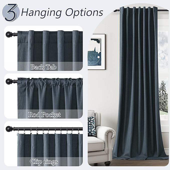 Guken 100% Blackout Linen Curtains 108 Inch Length 2 Panels Set for Living Room Bedroom Back Tab Thermal Insulated Black Out Linen Drapes Room Darkening Window Curtains,Vintage Blue