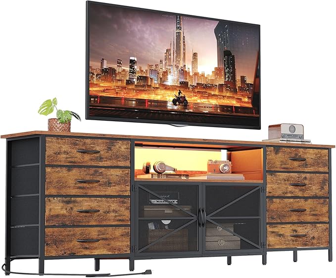 71" TV Stand Dresser for 85/80/75 Inch TV with Power Outlets and LED Lights, Long Dresser with 8 Fabric Drawers, Large Entertainment Center TV Console with Mesh Door for Bedroom, Rustic Brown
