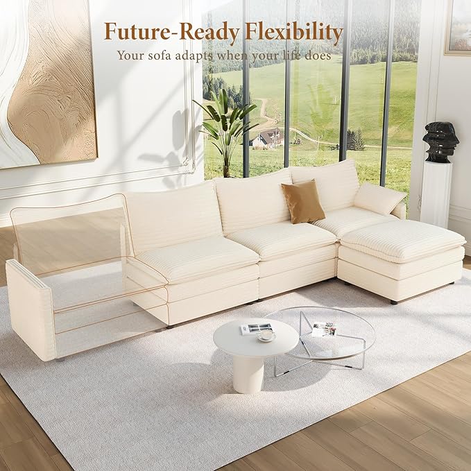 Vesgantti 108" Modular Sectional Sofa, Comfy Cloud Couch with Movable Ottoman Deep Seat Corduroy L Shaped Modular Sofa, Sectional Couches for Living Room, Bedroom and Apartment, Beige
