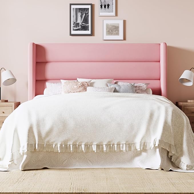 Allewie Full Size Platform Bed Frame with Velvet Upholstered Wingback Headboard, No Box Spring Needed, Under Bed Storage Space, Strong Wooden Slats, Modern Mattress Foundation, Easy Assembly, Pink