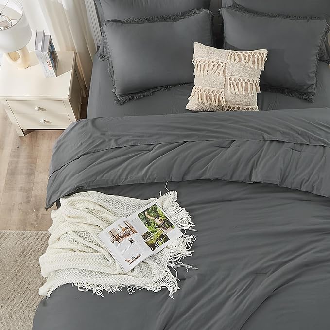 Andency Dark Grey Full Size Comforter Set with Sheets - 7 Pieces Boho Tassel Bed in a Bag Soft Lightweight Bedding Sets, Dark Grey Fringe Bed Set with Comforter, Sheets, Pillowcases & Shams
