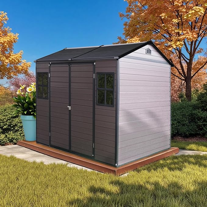 8' x 6' Resin Storage Shed Outdoor, PP Material & Strong Structure for All Weather, Plastic Garden Shed w/Window for Garden, Backyard, Poolside and Lawn, 15mm Thick PP Board - Brown