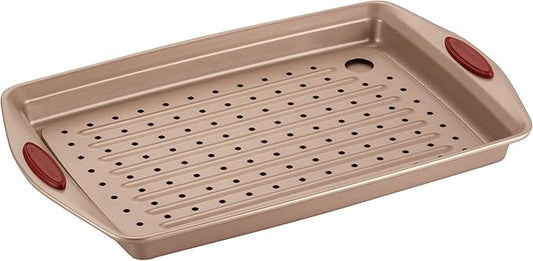 Rachael Ray Cucina Nonstick Bakeware Set with Grips, Nonstick Cookie Sheet / Baking Sheet with Crisper Pan - 2 Piece, Latte Brown with Cranberry Red Handle Grips