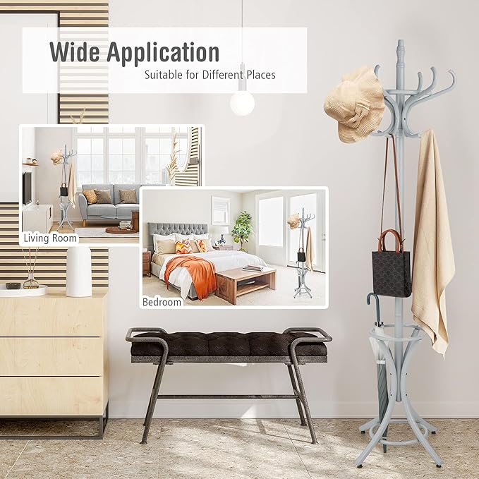 Tangkula 75.5" Standing Coat Rack, Wood Coat Tree with 12 Hooks, Home Hat Jacket Hanger Tree 12 with Umbrella Holder Coat Stand (Grey)