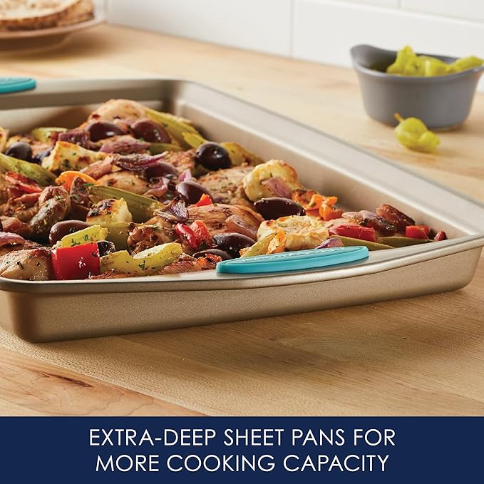 Rachael Ray Cucina Bakeware Set Includes Nonstick Bread Baking Cookie Sheet and Cake Pans, 5 Piece, Latte Brown with Agave Blue Grips