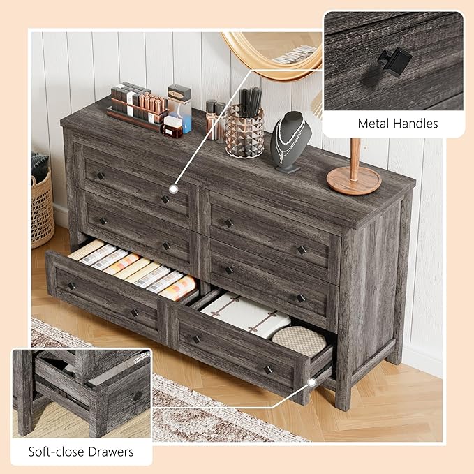 Farmhouse 6 Drawers Dresser, Wood Rustic Chest of Drawers for Bedroom, Closet Storage Dressers Organizer, 6 Drawers Chest for Living Room, Hallway, Grey