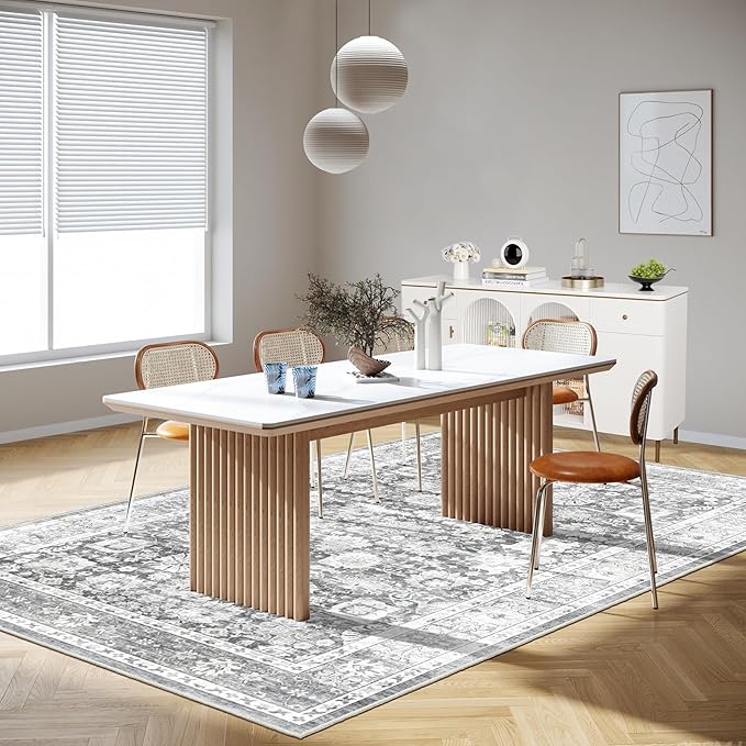 HOMFINE Machine Washable Rug 5'x7' - Vintage Design Area Rugs with Non Slip Rugs for Living Room Bedroom Floral Print Rug Carpet Stain Resistant, Home Decor Office Area Rug, Light Grey