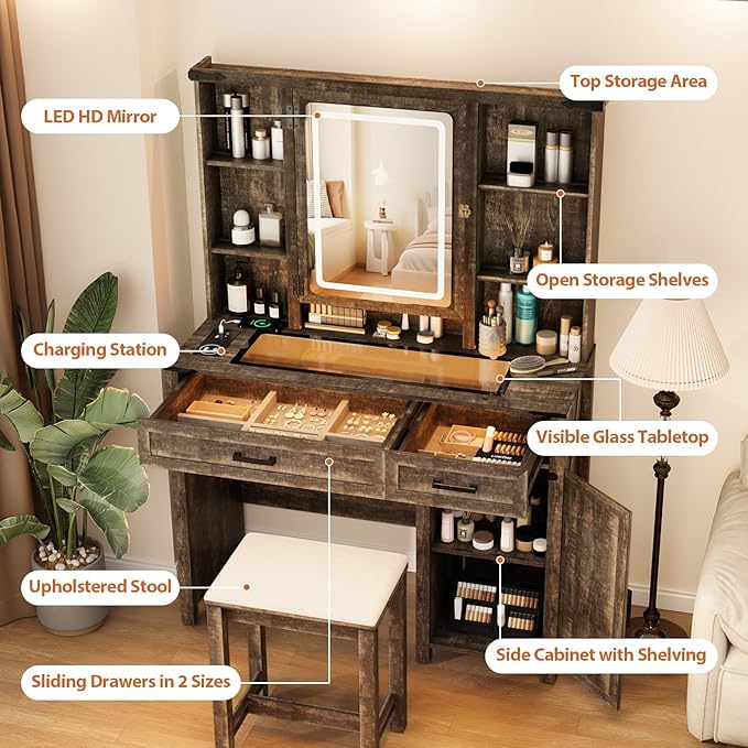 Makeup Vanity, Farmhouse Vanity with Mirror & Generous Clear Glass Countertop, 40'' Intelligent Makeup Desk with Multi-Functional Charging Station & Human Body Sensing LED Lights, Brown