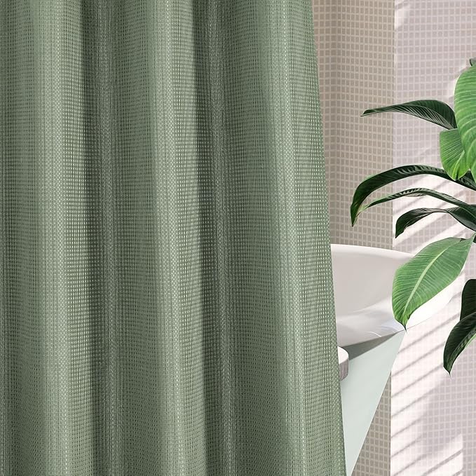 MitoVilla Sage Green Waffle Long Shower Curtain 72 x 80, No Hooks Required 80 inch Long Fabric Cloth Shower Curtain Set with Cloth Snap-in Liner for Modern Hotel Bathroom Decor