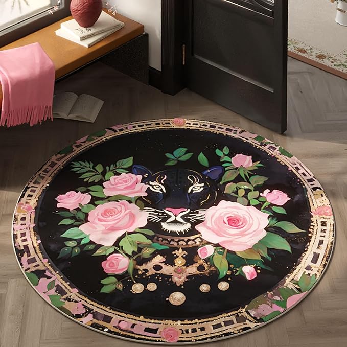 Round Rug 4ft Washable Circle Rug Non Slip Low Pile Retro Lavish Leopard Animal Small Circular Rug for Bedroom, Bathroom, Entryway, Kids Room, Office, College Dorm (Black Pink)