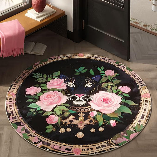 Round Rug 4ft Washable Circle Rug Non Slip Low Pile Retro Lavish Leopard Animal Small Circular Rug for Bedroom, Bathroom, Entryway, Kids Room, Office, College Dorm (Black Pink)