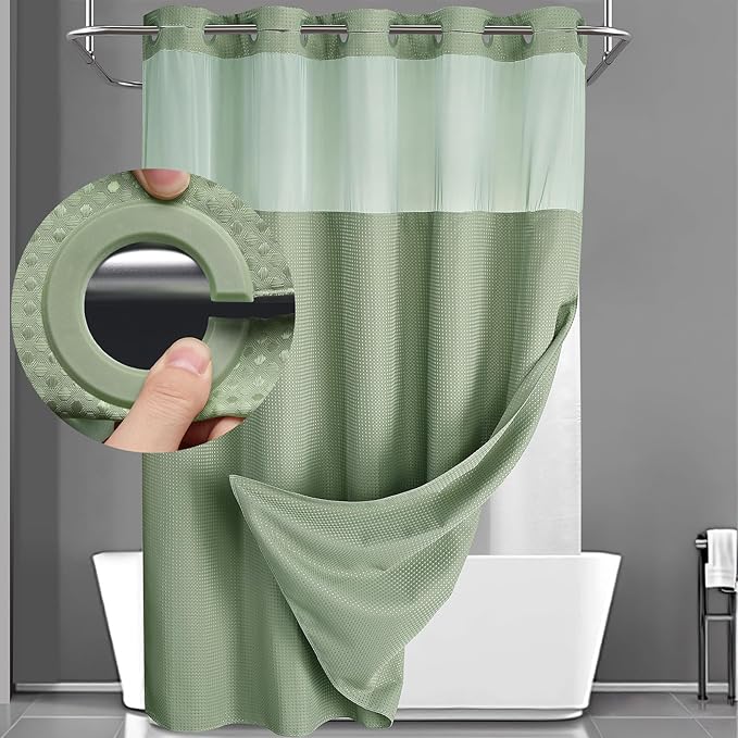 YellyHommy No Hook Shower Curtain with Snap in Liner Set Less Time Sage Green Waffle Shower Curtain for Bathroom 87" L x 72" W